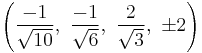 \left(\frac{-1}{\sqrt{10}},\ \frac{-1}{\sqrt{6}},\ \frac{2}{\sqrt{3}},\  \pm2\right)