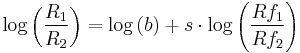 \log\left(\frac{R_1}{R_2}\right)=\log\left(b\right)%2Bs\cdot\log\left(\frac{Rf_1}{Rf_2}\right)