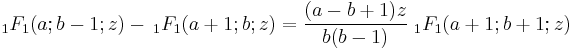  \; {}_1F_1(a;b-1;z)- \, {}_1F_1(a%2B1;b;z) = \frac{(a-b%2B1)z}{b(b-1)} \; {}_1F_1(a%2B1;b%2B1;z)