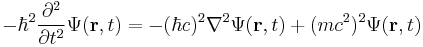 -\hbar^2{\partial^2 \over \partial t^2}\Psi(\mathbf{r},t) =  -(\hbar c)^2\nabla^2 \Psi(\mathbf{r},t) %2B (mc^2)^2\Psi(\mathbf{r},t)\,