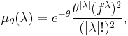 \mu_\theta(\lambda) = e^{-\theta}\frac{\theta^{|\lambda|}(f^\lambda)^2}{(|\lambda|!)^2},