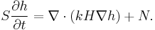 S \frac{\partial h}{\partial t} = \nabla \cdot (k H \nabla h) %2B N. 