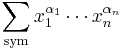 \sum_\text{sym} x_1^{\alpha_1} \cdots x_n^{\alpha_n}