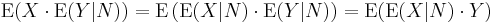 \operatorname E(X\cdot\operatorname E(Y|N)) = \operatorname E\left(\operatorname E(X|N)\cdot \operatorname E(Y|N)\right) = \operatorname E(\operatorname E(X|N)\cdot Y)