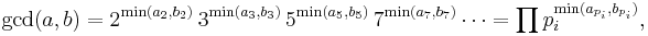 
\gcd(a,b)
=2^{\min(a_2,b_2)}\,3^{\min(a_3,b_3)}\,5^{\min(a_5,b_5)}\,7^{\min(a_7,b_7)}\cdots
=\prod p_i^{\min(a_{p_i},b_{p_i})},
