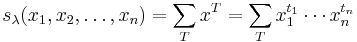 
s_\lambda(x_1,x_2,\ldots,x_n)=\sum_T x^T = \sum_T x_1^{t_1}\cdots x_n^{t_n}
