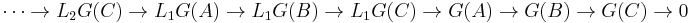 \cdots\to L_2G(C) \to L_1G(A) \to L_1G(B)\to L_1G(C)\to G(A)\to G(B)\to G(C)\to 0