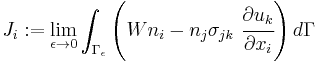 
   J_i�:= \lim_{\epsilon\rightarrow 0} \int_{\Gamma_\epsilon} \left(W n_i - n_j\sigma_{jk}~\cfrac{\partial u_k}{\partial x_i}\right) d\Gamma
 