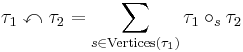 \tau_1 \curvearrowleft \tau_2 = \sum_{s \in \mathrm{Vertices}(\tau_1)} \tau_1 \circ_s \tau_2