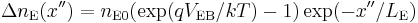 \Delta n_{\text{E}} (x'') = n_{\text{E}0} (\exp (q V_{\text{EB}} / kT) - 1) \exp(-x''/L_{\text{E}})\;