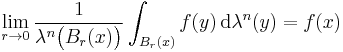 \lim_{r \to 0} \frac1{\lambda^{n} \big( B_{r} (x) \big)} \int_{B_{r} (x)} f(y) \, \mathrm{d} \lambda^{n} (y) = f(x)