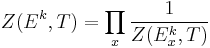 Z(E^k,T) = \prod_x \frac{1}{Z(E^k_x,T)}