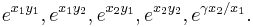 e^{x_1 y_1}, e^{x_1 y_2}, e^{x_2 y_1}, e^{x_2 y_2}, e^{\gamma x_2/x_1}.