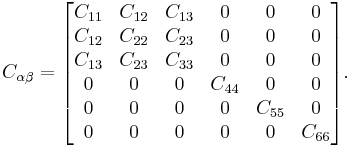  C_{\alpha \beta} =\begin{bmatrix}
  C_{11}  &  C_{12} &  C_{13} & 0 & 0  & 0 \\
 C_{12}  &  C_{22} &  C_{23} & 0 & 0  & 0 \\
  C_{13}  & C_{23}  &  C_{33} & 0 & 0  & 0 \\
 0  & 0 & 0 & C_{44} & 0  & 0 \\
 0  & 0 & 0 & 0 & C_{55}  & 0 \\
 0  & 0 & 0 & 0 & 0  & C_{66} 
\end{bmatrix}.
\,\!