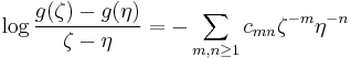  \log {g(\zeta)-g(\eta)\over \zeta -\eta} = -\sum_{m,n\ge 1} c_{mn} \zeta^{-m} \eta^{-n}