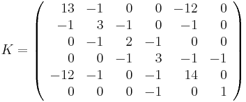 K=\left(\begin{array}{rrrrrr}
 13 & -1 &  0 &  0 & -12 &  0\\
-1 &  3 & -1 &  0 & -1 &  0\\
 0 & -1 &  2 & -1 &  0 &  0\\
 0 &  0 & -1 &  3 & -1 & -1\\
-12 & -1 &  0 & -1 &  14 &  0\\
 0 &  0 &  0 & -1 &  0 &  1\\
\end{array}\right)