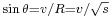 \scriptstyle\sin \theta = v/R = v/\sqrt{s}