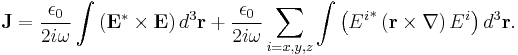 \mathbf{J}= \frac{\epsilon_0}{2i\omega}\int \left(\mathbf{E}^\ast\times\mathbf{E}\right)d^{3}\mathbf{r}  %2B\frac{\epsilon_0}{2i\omega}\sum_{i=x,y,z}\int \left({E^i}^{\ast}\left(\mathbf{r}\times\mathbf{\nabla}\right)E^{i}\right)d^{3}\mathbf{r}  .