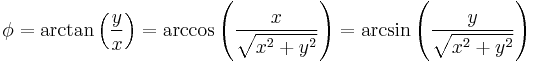 {\phi}=\arctan \left( {\frac{y}{x}} \right)= \arccos \left( \frac{x}{\sqrt{x^2%2By^2}}\right) = \arcsin \left( \frac{y}{\sqrt{x^2%2By^2}}\right)