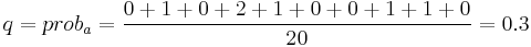 q=prob_a=\frac{0%2B1%2B0%2B2%2B1%2B0%2B0%2B1%2B1%2B0}{20}=0.3