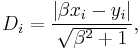  D_{i} = \frac {|\beta x_{i} - y_{i}|} {\sqrt{ \beta^2%2B1 }}, 