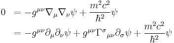 
\begin{array}{rl}
0 & = - g^{\mu \nu} \nabla_{\mu} \nabla_{\nu} \psi %2B \dfrac {m^2 c^2}{\hbar^2} \psi \\
& = - g^{\mu \nu} \partial_{\mu} \partial_{\nu} \psi 
%2B g^{\mu \nu} \Gamma^{\sigma}{}_{\mu \nu} \partial_{\sigma} \psi
%2B \dfrac {m^2 c^2}{\hbar^2} \psi
\end{array}
