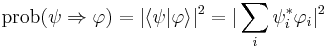 \operatorname{prob}(\psi \Rightarrow \varphi) = |\lang \psi |\varphi \rang|^2 = |\sum_i\psi^*_i \varphi_i |^2
