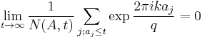 \lim_{t\to\infty} \frac{1}{N(A,t)} \sum_{j; a_j\leq t} 
\exp \frac{2\pi ika_j}{q} = 0