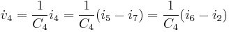 \dot{v}_4 = {1 \over C_4} i_4 = {1 \over C_4} (i_5 - i_7)  = {1 \over C_4} (i_6 - i_2) 