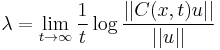 \lambda=\lim_{t\to\infty}{1\over t} \log{||C(x,t)u|| \over ||u||}