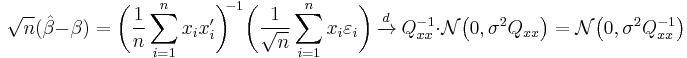 \sqrt{n}(\hat\beta-\beta) = \bigg(\frac{1}{n}\sum_{i=1}^n x_ix'_i\bigg)^{\!\!-1} \bigg(\frac{1}{\sqrt{n}}\sum_{i=1}^n x_i\varepsilon_i\bigg)\ \xrightarrow{d}\ Q_{xx}^{-1}\cdot\mathcal{N}\big(0,\sigma^2Q_{xx}\big) = \mathcal{N}\big(0,\sigma^2Q_{xx}^{-1}\big)