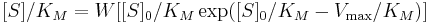 [S]/K_M = W[[S]_0/K_M \exp([S]_0/K_M - V_\max/K_M)]\,  