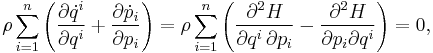 \rho\sum_{i=1}^n\left(
\frac{\partial\dot{q}^i}{\partial q^i}
%2B\frac{\partial\dot{p}_i}{\partial p_i}\right)
=\rho\sum_{i=1}^n\left(
\frac{\partial^2 H}{\partial q^i\,\partial p_i}
-\frac{\partial^2 H}{\partial p_i \partial q^i}\right)=0,