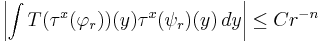  \left|\int T(\tau^x(\varphi_r))(y) \tau^x(\psi_r)(y) \, dy\right| \leq Cr^{-n}