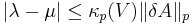 |\lambda-\mu|\leq\kappa_p (V)\|\delta A\|_p