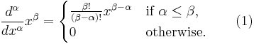  \frac{d^\alpha}{dx^\alpha} x^\beta = \begin{cases} \frac{\beta!}{(\beta-\alpha)!} x^{\beta-\alpha} & \hbox{if}\,\, \alpha\le\beta, \\ 0 & \hbox{otherwise.} \end{cases}\qquad(1)