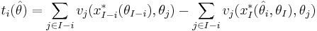  t_i(\hat\theta) = \sum_{j \in I-i} v_j(x^*_{I-i}(\theta_{I-i}),\theta_j) - \sum_{j \in I-i} v_j(x^*_{I}(\hat\theta_i,\theta_{I}),\theta_j) 