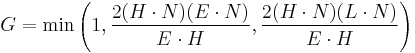 G = \min{\left(1,\frac{2(H\cdot N)(E\cdot N)}{E\cdot H},\frac{2(H\cdot N)(L\cdot N)}{E\cdot H}\right)}