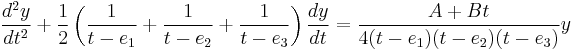\frac{d^2y}{dt^2} %2B\frac{1}{2}\left(\frac{1}{t-e_1}%2B\frac{1}{t-e_2}%2B\frac{1}{t-e_3}\right)\frac{dy}{dt} = \frac{A%2BBt}{4(t-e_1)(t-e_2)(t-e_3)}y