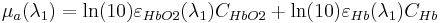 \mu_a(\lambda_1) = \ln(10)\varepsilon_{HbO2}(\lambda_1)C_{HbO2}%2B\ln(10)\varepsilon_{Hb}(\lambda_1)C_{Hb} \,