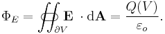 \Phi_E = \iint_{\partial V}\!\!\!\!\!\!\!\!\!\!\!\!\!\!\!\!\!\!\!\;\;\;\subset\!\supset \mathbf E\;\cdot\mathrm{d}\mathbf A =  \frac{Q(V)}{\varepsilon_o}.