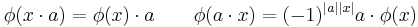 \phi(x\cdot a) = \phi(x)\cdot a\qquad \phi(a\cdot x) = (-1)^{|a||x|}a\cdot\phi(x)