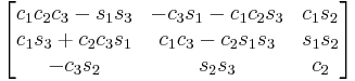 \begin{bmatrix}
 c_1 c_2 c_3 - s_1 s_3 &  - c_3 s_1 - c_1 c_2 s_3 & c_1 s_2 \\
 c_1 s_3 %2B c_2 c_3 s_1 & c_1 c_3 - c_2 s_1 s_3 & s_1 s_2 \\
 - c_3 s_2 & s_2 s_3 & c_2 
\end{bmatrix}