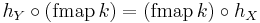 h_{Y} \circ (\mathrm{fmap} \, k) = (\mathrm{fmap} \, k) \circ h_{X}