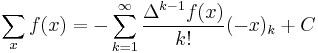 \sum_x f(x)=-\sum_{k=1}^{\infty}\frac{\Delta^{k-1}f(x)}{k!}(-x)_k%2BC