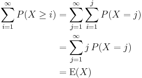 
\begin{align}
\sum\limits_{i=1}^\infty P(X\geq i)&=\sum\limits_{j=1}^\infty \sum\limits_{i=1}^j P(X = j)\\
                   &=\sum\limits_{j=1}^\infty j\, P(X = j)\\
                   &=\operatorname{E}(X)
\end{align}
