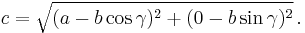 c = \sqrt{(a - b \cos\gamma)^2 %2B (0 - b \sin\gamma)^2} \,.