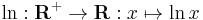 \ln�: \mathbf{R}^%2B \to \mathbf{R}�: x \mapsto \ln{x}