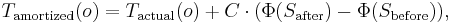 T_{\mathrm{amortized}}(o) = T_{\mathrm{actual}}(o) %2B C\cdot(\Phi(S_{\mathrm{after}}) - \Phi(S_{\mathrm{before}})),