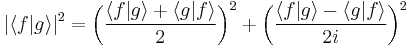 |\langle f|g\rangle|^{2} = \bigg(\frac{\langle f|g\rangle%2B\langle g|f\rangle}{2}\bigg)^{2} %2B \bigg(\frac{\langle f|g\rangle-\langle g|f\rangle}{2i}\bigg)^{2}